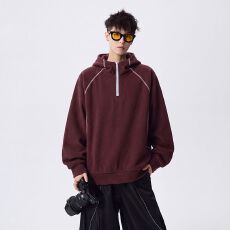 实拍秋冬新款连帽卫衣男重磅羊毛桑蚕丝百搭宽松半拉链上衣帽衫