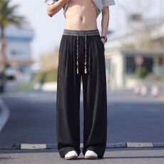 实拍2026秋冬新款针织休闲裤男女宽松潮牌腰头撞色设计直筒运动裤