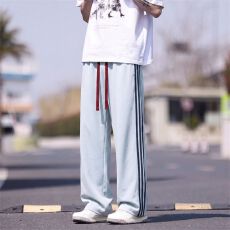 实拍秋冬新款侧边条纹撞色休闲裤男女百搭宽松运动通勤长裤