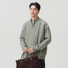 批发实拍秋冬新款老钱风通勤麻花<b class='q'>毛衣</b><b class='q'>男</b>加厚内搭针织衫立领半拉链上衣