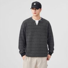 批发实拍美式复古重磅条纹假两件卫衣男宽松百搭潮流休闲长袖T恤