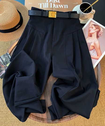 디자인 센스 이전 Pleat 정장 와이드 레그 팬츠 자기 벨트 측면 버클 벨트 하이웨이스트 슬림해 보이는 캐주얼 긴 바지