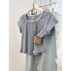 批发官图短袖<b class='q'>t</b><b class='q'>恤</b>夏2026潮设计感纯色正肩修身短款花边领上衣韩版女装