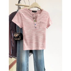 批发官图220克螺纹短袖<b class='q'>t</b><b class='q'>恤</b>2026夏口袋潮彩色钮扣修身短款正肩圆领女装