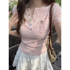 批发官图220克螺纹短袖<b class='q'>t</b><b class='q'>恤</b>2025夏口袋潮彩色钮扣修身短款正肩圆领女装