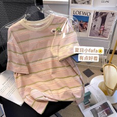 批发官图<b class='q'>条纹</b>抖音质量短袖<b class='q'>t</b><b class='q'>恤</b>女夏2026韩版刺绣圆领上衣大码女装200斤