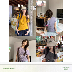 官图短袖t恤夏2026新款设计感纯色短款修身露肩斜领上衣韩版女装