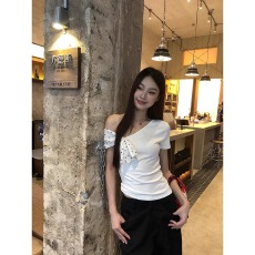 批发官图210克纯棉螺纹短袖<b class='q'>t</b><b class='q'>恤</b>夏2026新款潮波点露肩修身短款斜领女装