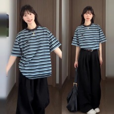 批发官图短袖t恤夏2026新款潮美式条纹中长宽松撞色圆领上衣<b class='q'>韩版</b>女装