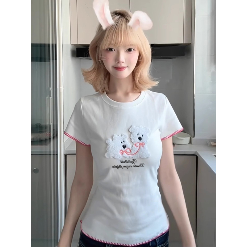 경관 그림 1 1 리브 210 그램 반팔 티셔츠 여름 2026 새로운 가시 자수 쇼트 스타일 몸매 가꾸기 라운드 넥 맨위 여성 의류