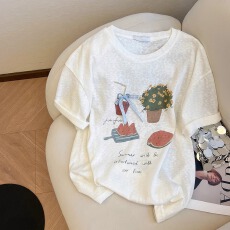 批发官图雪花亚麻160克短袖<b class='q'>t</b><b class='q'>恤</b>夏潮新款宽松趣味印花圆领上衣韩版女装