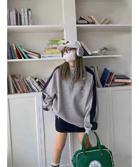 경관 그림 순수한 Mianhua 면 복합 우유 실크 후드티 여성 2026 봄 가을 새로운 배색 얇은 스타일 자수 스탠드 칼라 맨위