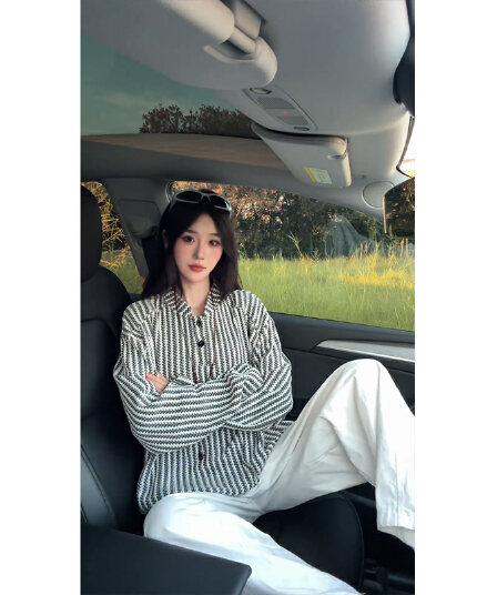 경관 그림 300 그램 원본 긴팔 티셔츠 기본 셔츠 여성 얇은 스타일 트렌디 가을 새로운 생선뼈 곡물 루즈핏 스탠드 칼라 맨위