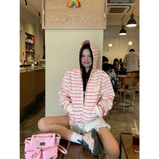 批发官图长袖<b class='q'>t</b><b class='q'>恤</b>卫衣秋季薄条纹新款潮拉链开衫<b class='q'>外套</b>连帽韩版上衣女装