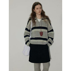 批发官图法式复古条纹毛衣女装秋冬潮新款软糯宽松翻领保暖针织衫