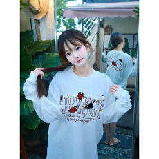 批发官图220克纯棉长袖<b class='q'>t</b><b class='q'>恤</b>打底衫男女薄款潮秋刺绣花中长宽松圆领上衣