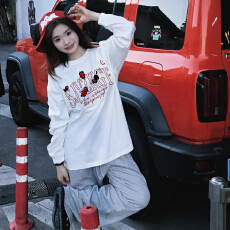 批发官图220克纯棉长袖<b class='q'>t</b><b class='q'>恤</b>打底衫男女薄款潮秋刺绣花中长宽松圆领上衣