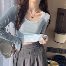 官图1*1螺纹抓毛长袖t恤女装春秋薄款纯色修身打底衫圆领韩版上衣