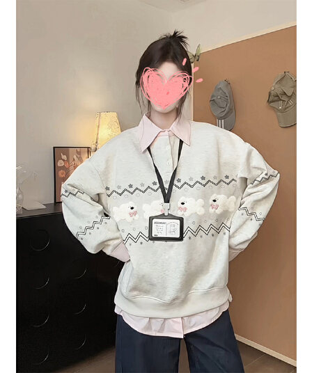 경관 그림 페이크 레이어드 후드티 여성 새로운 얇은 스타일 봄 가을 만화 가시 자수 루즈핏 POLO 칼라 한국 스타일 맨위