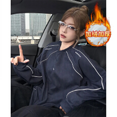 批发官图麂皮复合真超加绒秋冬新款明线装饰中长宽松圆领保暖上衣