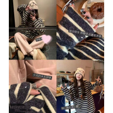 批发官图280克兔毛条纹长袖t恤<b class='q'>打底衫</b>女装春秋薄款刺绣花圆领上衣