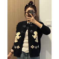 批发官图绵羊绒毛衣女装秋冬新款宽松开衫外套提花圆领保暖针织衫