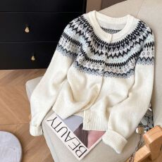 批发官图北极绒长袖上衣针织开衫外套女装潮秋冬提花圆领保暖毛衣