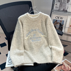 官图羊驼长毛长袖针织衫女装潮春秋刺绣花打底衫圆领保暖上衣