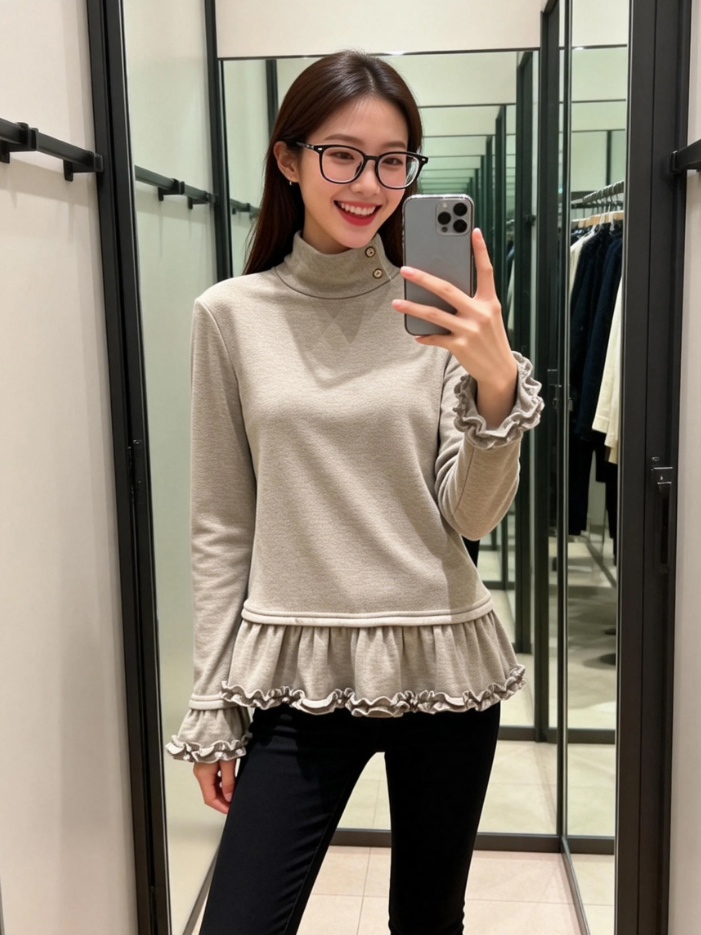 경관 그림 280 그램 양이온 De 플러시 봄 가을 긴팔 티셔츠 기본 셔츠 여성 의류 목이버섯 레이스 터틀넥 맨위