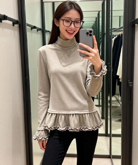 경관 그림 280 그램 양이온 De 플러시 봄 가을 긴팔 티셔츠 기본 셔츠 여성 의류 목이버섯 레이스 터틀넥 맨위