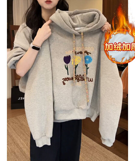 경관 그림 순수한 Mianhua 면 복합 오스트리아 과립 플러시 후드티 여성 의류 가을 겨울 새로운 가시 자수 후드 보온 맨위