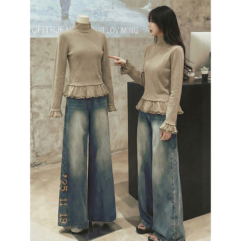 경관 그림 280 그램 양이온 De 플러시 봄 가을 긴팔 티셔츠 기본 셔츠 여성 의류 목이버섯 레이스 터틀넥 맨위