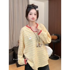 批发官图<b class='q'>长袖</b>t恤打底衫女春秋薄款撞色拼接条纹刺绣花新款V领上衣