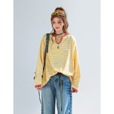 批发官图<b class='q'>长袖</b>t恤打底衫女春秋薄款撞色拼接条纹刺绣花新款V领上衣