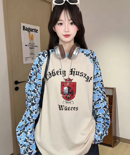 경관 그림 250그램 후아 남편 그리드 긴팔 티셔츠 여성 의류 봄 가을 새로운 한 부서 삽입 어깨 소매 루즈핏 라운드 넥 맨위