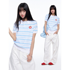 批发官图纯棉短袖<b class='q'>t</b><b class='q'>恤</b>针织衫女夏新款<b class='q'>条纹</b>刺绣正肩撞色POLO领上衣
