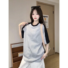 批发官图珠地空气层220克短袖<b class='q'>t</b><b class='q'>恤</b>女夏季新款插色中长宽松圆领上衣