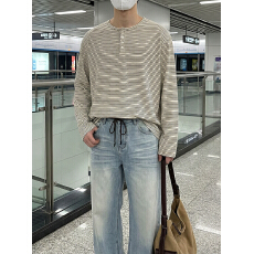 批发官图300克条纹长袖t恤男女情侣装春<b class='q'>秋</b>新款潮牌正肩亨利领上衣