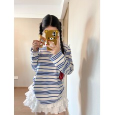 批发官图300克条纹长袖t恤男女情侣装春<b class='q'>秋</b>新款潮牌正肩亨利领上衣