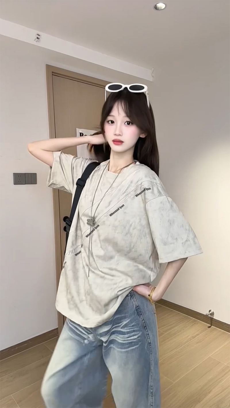 경관 그림 조수 브랜드 반팔 티셔츠 남녀 커플룩 여름 새로운 레트로 한 부서 긍정적 인 어깨 루즈핏 라운드 넥 맨위