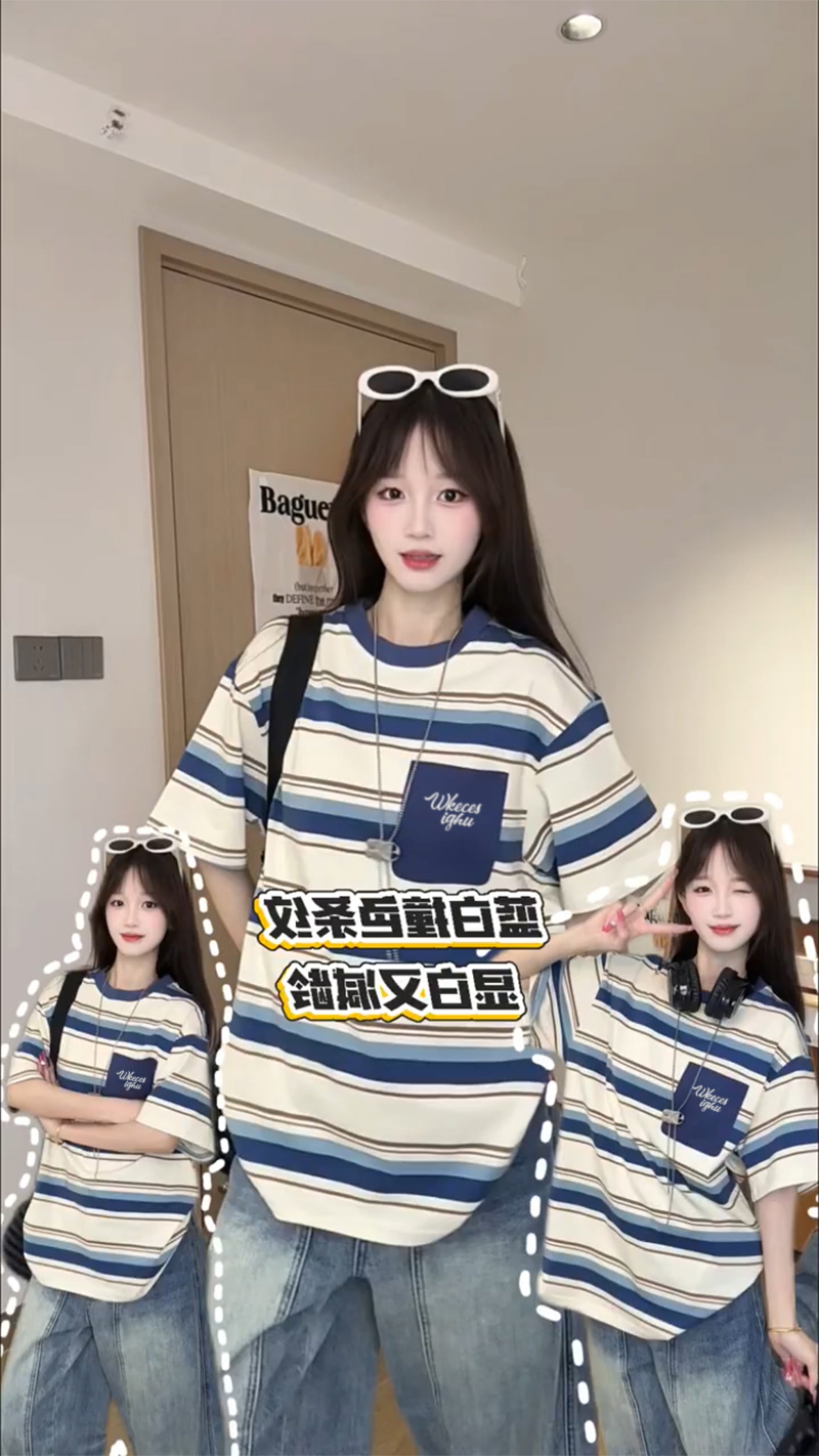 경관 그림 순면 스트라이프 반팔 티셔츠 여성 여름 새로운 한 부서 중간 길이 루즈핏 주머니 자수 라운드 넥 맨위