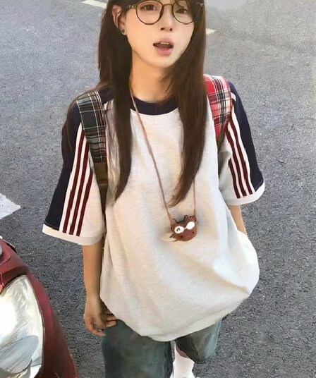 경관 그림 빛 에디션 10개 올린 사람 : 가져 가라. 조수 브랜드 반팔 티셔츠 남녀 커플 여름 삽입 어깨 소매 스트라이프 라운드 넥 맨위