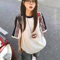 批发官图光版10件起拿潮牌短袖<b class='q'>t</b><b class='q'>恤</b>男女情侣夏插肩袖条纹圆领上衣