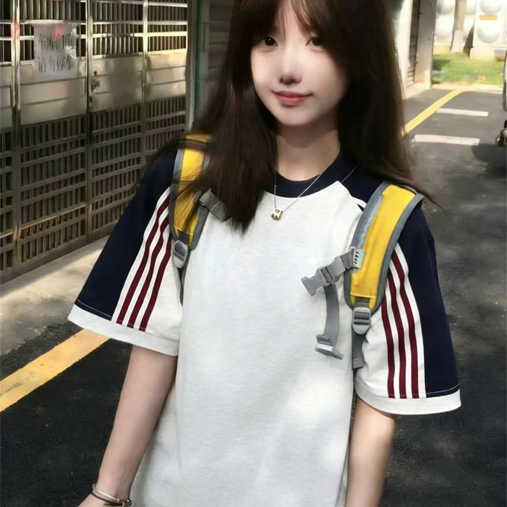 경관 그림 빛 에디션 10개 올린 사람 : 가져 가라. 조수 브랜드 반팔 티셔츠 남녀 커플 여름 삽입 어깨 소매 스트라이프 라운드 넥 맨위