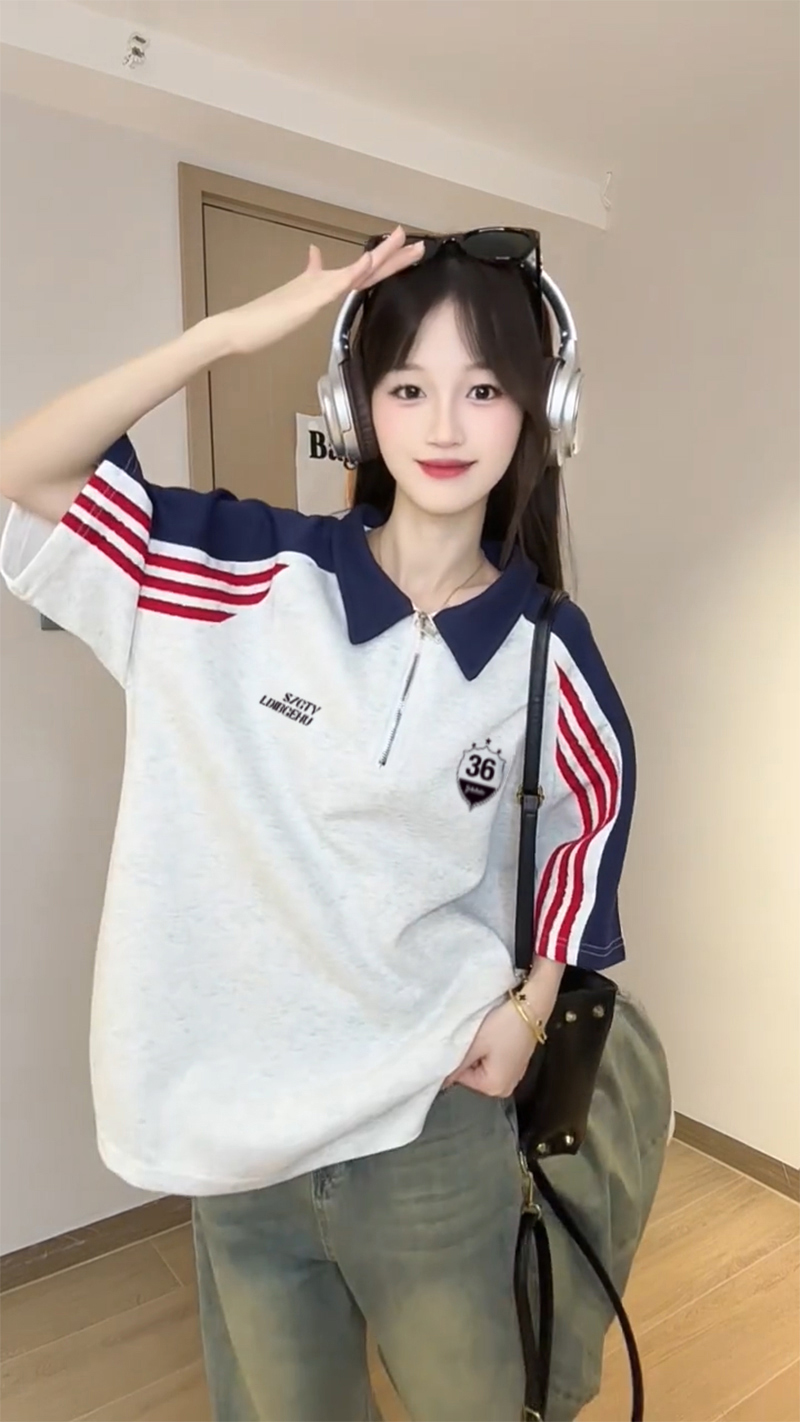 경관 그림 250그램 조수 브랜드 양면 반팔 티셔츠 여성 여름 새로운 한 부서 삽입 어깨 소매 스트라이프 POLO 칼라 맨위