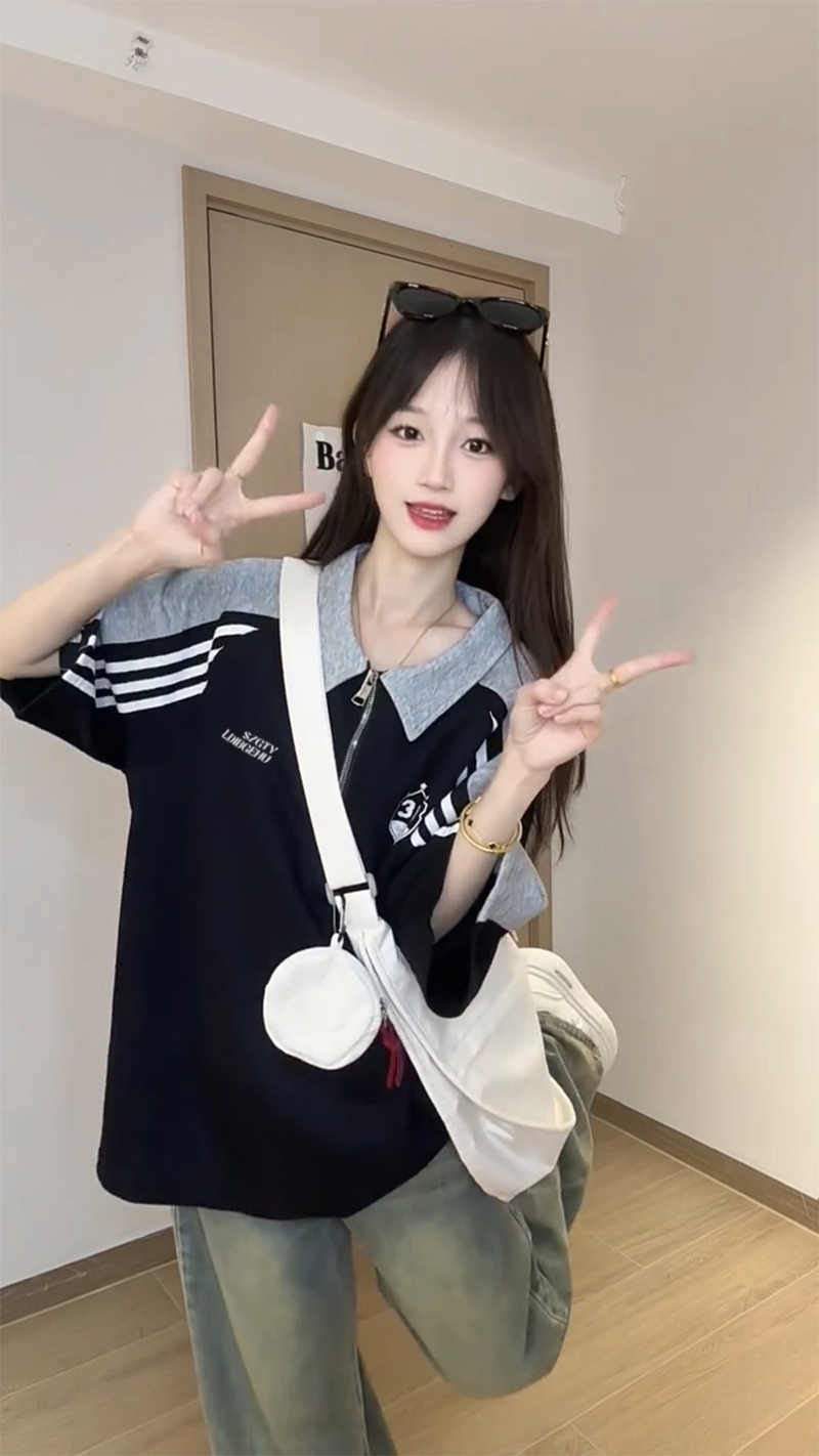 경관 그림 250그램 조수 브랜드 양면 반팔 티셔츠 여성 여름 새로운 한 부서 삽입 어깨 소매 스트라이프 POLO 칼라 맨위