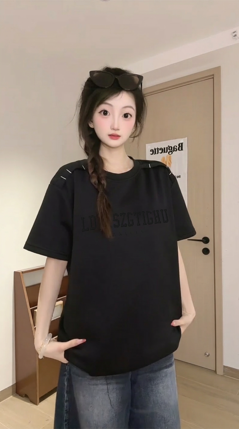 경관 그림 남자 바 면 220 그램 반팔 티셔츠 조수 브랜드 남녀 커플룩 여름 새로운 루즈핏 라운드 넥 맨위