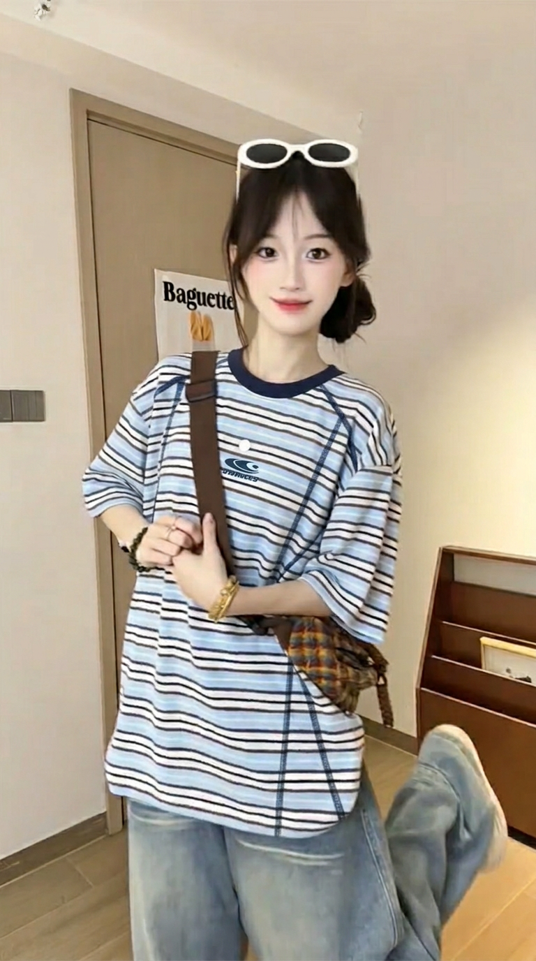 경관 그림 조수 브랜드 반팔 티셔츠 남녀 커플룩 여름 새로운 한 부서 가시 자수 스트라이프 라운드 넥 맨위