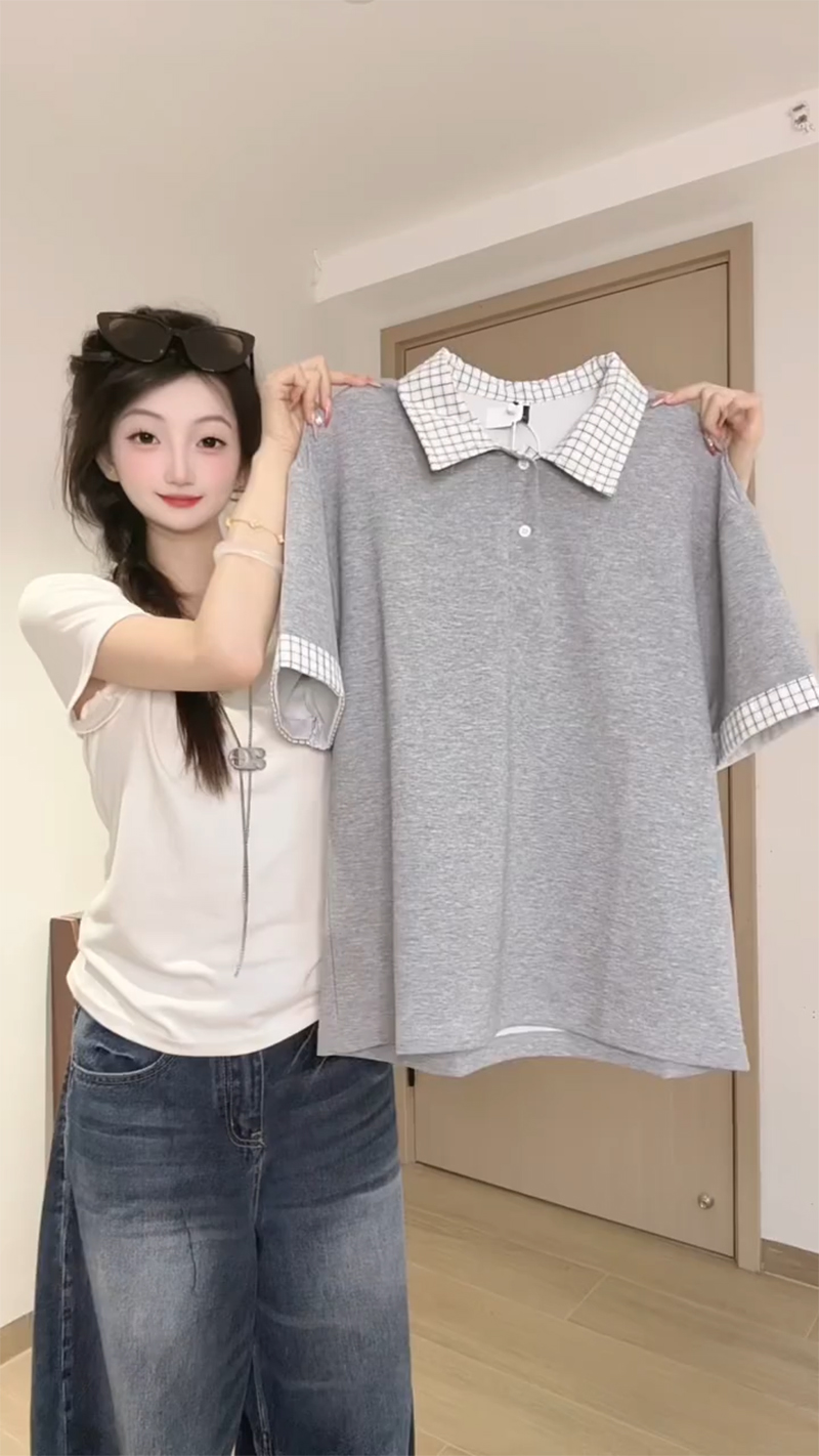 경관 그림 남자 바 면 220 그램 반팔 티셔츠 여성 의류 여름 페이크 레이어드 새로운 루즈핏 체크무늬 POLO 칼라 맨위
