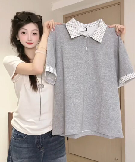 경관 그림 남자 바 면 220 그램 반팔 티셔츠 여성 의류 여름 페이크 레이어드 새로운 루즈핏 체크무늬 POLO 칼라 맨위